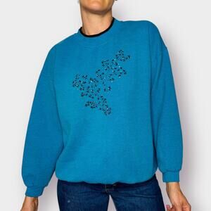 90s PFI Fashions Inc Teak Crewneck with Black Jeweled Leaves Size L